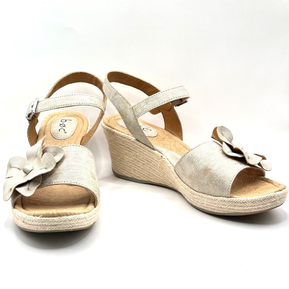 b.o.c. Womens Floral Espadrille Wedge Sandals Gold Shimmer Strappy Size 9M
